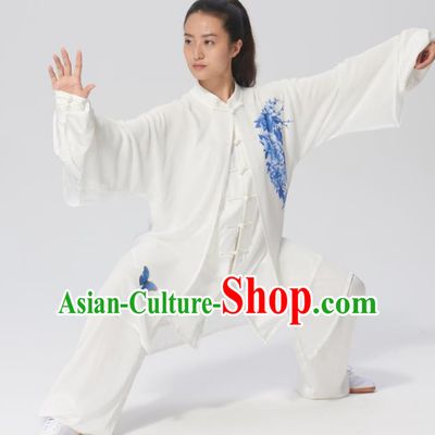 Chinese Traditional Tai Chi Group Printing Peony Silk Costume Martial Arts Kung Fu Competition Clothing for Women
