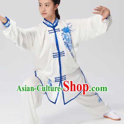 Chinese Traditional Tai Chi Group Printing Blue Peony Costume Martial Arts Kung Fu Competition Clothing for Women