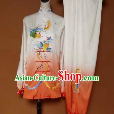 Chinese Traditional Tai Chi Group Embroidered Phoenix Orange Costume Martial Arts Kung Fu Competition Clothing for Women