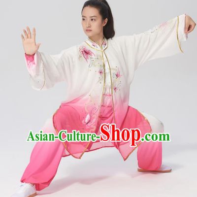 Chinese Traditional Tai Chi Group Embroidered Butterfly Rosy Costume Martial Arts Kung Fu Competition Clothing for Women