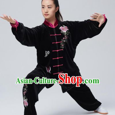 Chinese Traditional Tai Chi Group Embroidered Peony Black Velvet Costume Martial Arts Kung Fu Competition Clothing for Women