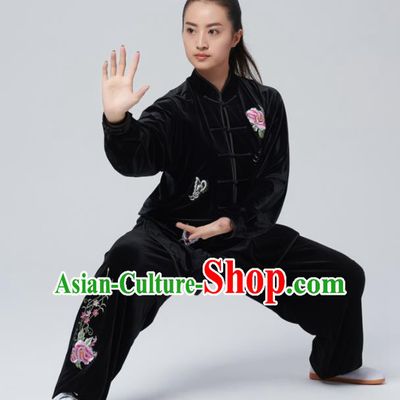 Chinese Traditional Tai Chi Group Black Velvet Costume Martial Arts Kung Fu Competition Embroidered Peony Clothing for Women
