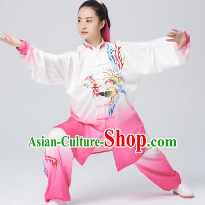 Chinese Traditional Tai Chi Group Rosy Costume Martial Arts Kung Fu Competition Embroidered Phoenix Clothing for Women