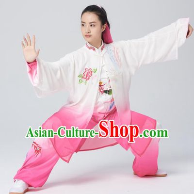 Chinese Traditional Tai Chi Group Rosy Silk Costume Martial Arts Kung Fu Competition Embroidered Phoenix Clothing for Women