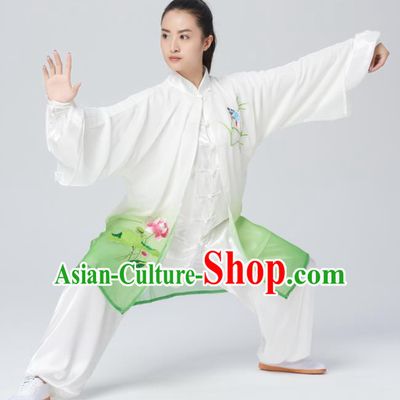 Chinese Traditional Tai Chi Group Green Silk Costume Martial Arts Kung Fu Competition Embroidered Lotus Clothing for Women