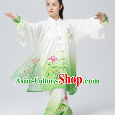 Chinese Traditional Tai Chi Group Embroidered Lotus Costume Martial Arts Kung Fu Competition Green Silk Clothing for Women
