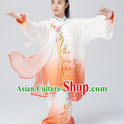 Chinese Traditional Tai Chi Group Embroidered Orange Costume Martial Arts Kung Fu Competition Green Silk Clothing for Women