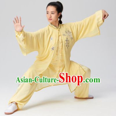 Chinese Traditional Tai Chi Group Embroidered Yellow Costume Martial Arts Kung Fu Competition Silk Clothing for Women