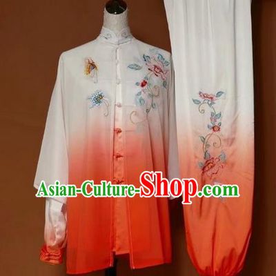 Chinese Traditional Martial Arts Kung Fu Competition Costume Tai Chi Group Embroidered Peony Orange Clothing for Women