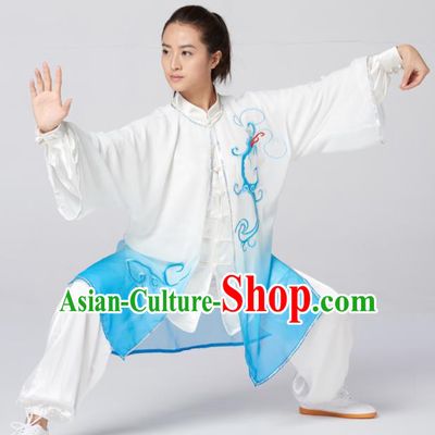 Chinese Traditional Martial Arts Kung Fu Competition Costume Tai Chi Group Embroidered Blue Silk Clothing for Women