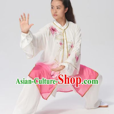 Chinese Traditional Tai Chi Group Embroidered Butterfly Pink Costume Martial Arts Kung Fu Competition Clothing for Women