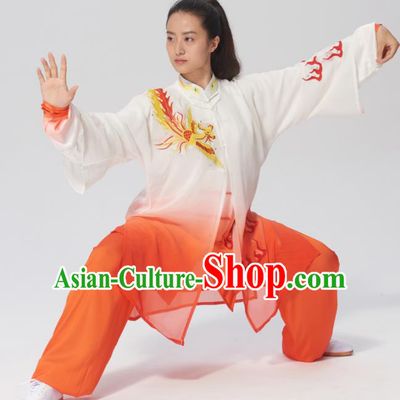 Chinese Traditional Tai Chi Group Embroidered Phoenix Orange Costume Martial Arts Kung Fu Competition Clothing for Women