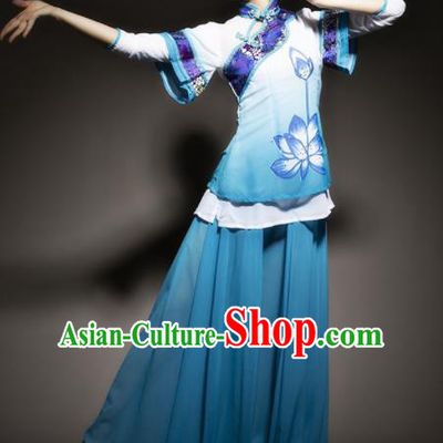 Chinese Traditional Classical Dance Costume Lotus Dance Blue Dress for Women
