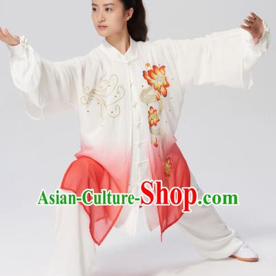 Chinese Traditional Tai Chi Group Embroidered Peony Rosy Costume Martial Arts Kung Fu Competition Clothing for Women