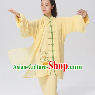 Chinese Traditional Tai Chi Group Embroidered Yellow Silk Costume Martial Arts Kung Fu Competition Clothing for Women