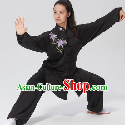 Chinese Traditional Tai Chi Group Embroidered Orchid Black Costume Martial Arts Kung Fu Competition Clothing for Women