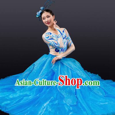 Chinese Traditional Chorus Blue Bubble Dress Modern Dance Stage Performance Costume for Women