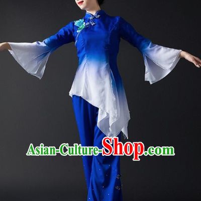 Chinese Traditional National Yangko Dance Blue Clothing Folk Dance Fan Dance Costume for Women