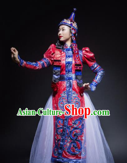 Chinese Traditional Mongol Nationality Costume Mongolian Ethnic Dance Embroidery Red Dress for Women Chinese Traditional Mongol Nationality Costume Mongolian Ethnic Dance Embroidery Red Dress for Women