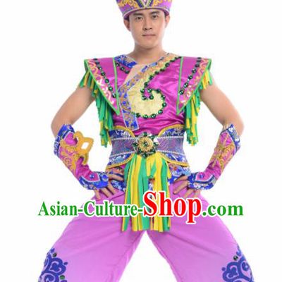 Chinese Traditional Mongol Nationality Costume Mongolian Ethnic Dance Embroidery Purple Clothing for Men