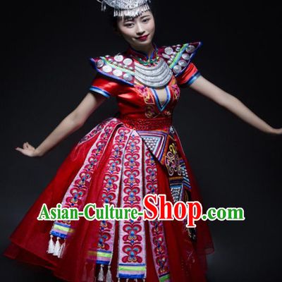 Chinese Traditional Miao Nationality Wedding Costume Ethnic Folk Dance Red Dress for Women