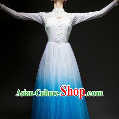 Chinese Traditional Chorus Blue Dress Modern Dance Stage Performance Costume for Women