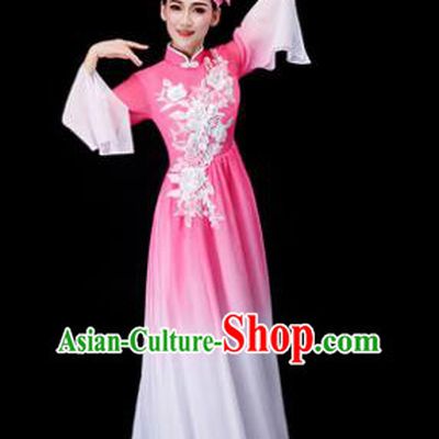 Chinese Traditional Classical Fan Dance Costume Umbrella Dance Pink Dress for Women