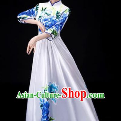 Chinese Traditional Classical Dance Costume Umbrella Dance Printing Peony White Dress for Women