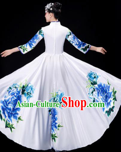 Chinese Traditional Classical Dance Costume Umbrella Dance Printing Peony White Dress for Women Chinese Traditional Classical Dance Costume Umbrella Dance Printing Peony White Dress for Women