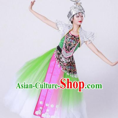 Chinese Traditional Miao Nationality Costume Hmong Ethnic Folk Dance Green Dress for Women