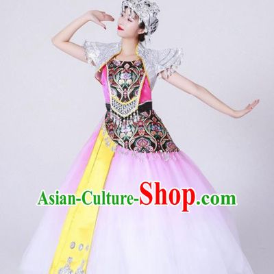 Chinese Traditional Miao Nationality Costume Hmong Ethnic Folk Dance Pink Dress for Women