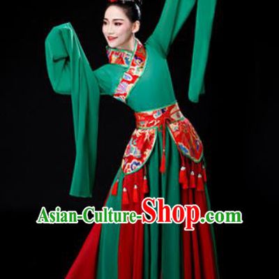 Chinese Traditional Classical Dance Water Sleeve Green Dress Umbrella Dance Stage Performance Costume for Women