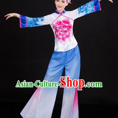Chinese Traditional Folk Dance Blue Clothing Yangko Group Dance Stage Performance Costume for Women
