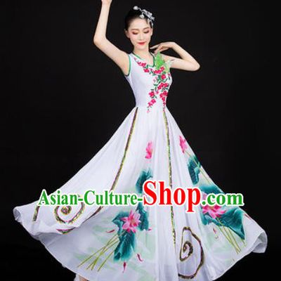 Chinese Traditional Classical Dance Printing Lotus Dress Umbrella Dance Stage Performance Costume for Women