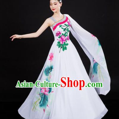 Chinese Traditional Classical Dance White Dress Lotus Dance Stage Performance Costume for Women