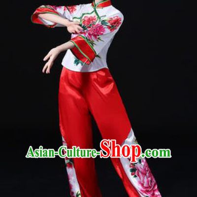 Chinese Traditional Folk Dance Printing Peony Clothing Group Yangko Dance Stage Performance Costume for Women