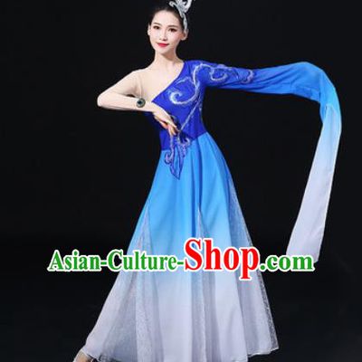 Chinese Traditional Classical Dance Blue Dress Umbrella Dance Stage Performance Costume for Women