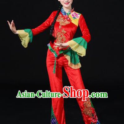 Chinese Traditional Folk Dance Fan Dance Red Clothing Group Yangko Dance Stage Performance Costume for Women