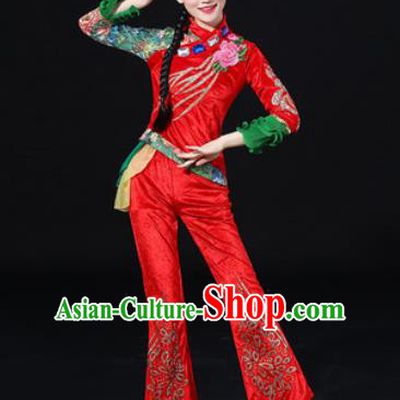 Chinese Traditional Fan Dance Red Clothing Group Yangko Dance Folk Dance Stage Performance Costume for Women