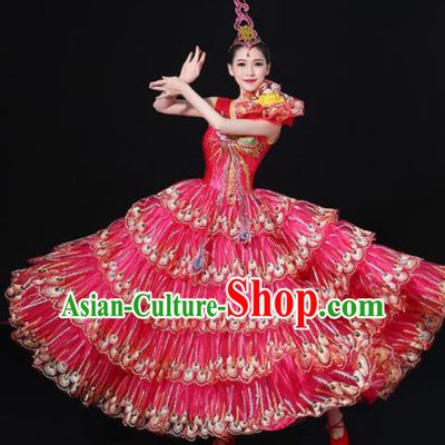 Chinese Traditional Modern Dance Rosy Dress Spring Festival Gala Opening Dance Stage Performance Costume for Women