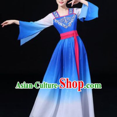 Chinese Traditional Classical Dance Blue Dress Umbrella Dance Stage Performance Costume for Women