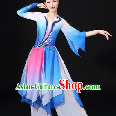 Chinese Traditional Classical Lotus Dance Blue Dress Umbrella Dance Stage Performance Costume for Women