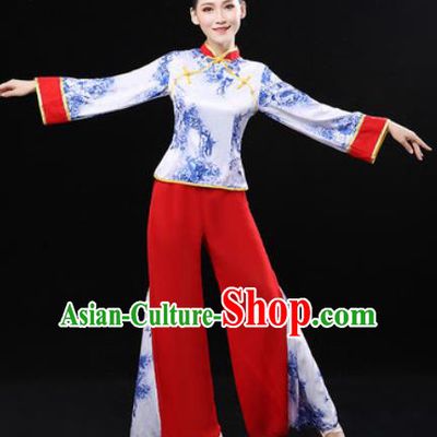 Chinese Traditional Fan Dance Clothing Folk Dance Group Yangko Dance Stage Performance Costume for Women