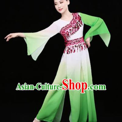 Chinese Traditional Classical Dance Fan Dance Green Dress Umbrella Dance Stage Performance Costume for Women