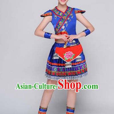Traditional Chinese Miao Nationality Folk Dance Blue Dress Hmong National Ethnic Costume for Women