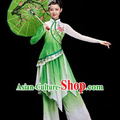 Chinese Traditional Umbrella Dance Green Dress Classical Dance Stage Performance Costume for Women
