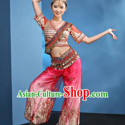 Traditional Chinese Folk Dance Stage Show Clothing Belly Dance Rosy Costume for Women