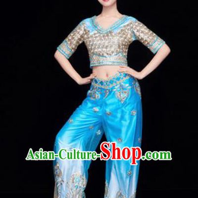 Traditional Chinese Folk Dance Stage Show Clothing Belly Dance Blue Costume for Women