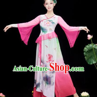 Chinese Traditional Umbrella Dance Printing Lotus Pink Dress Classical Dance Stage Performance Costume for Women