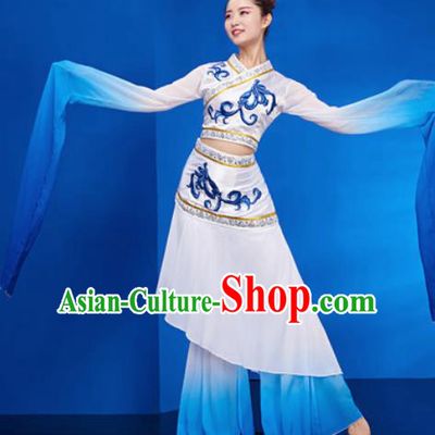 Chinese Traditional Umbrella Dance White Dress Classical Jasmine Flower Dance Stage Performance Costume for Women